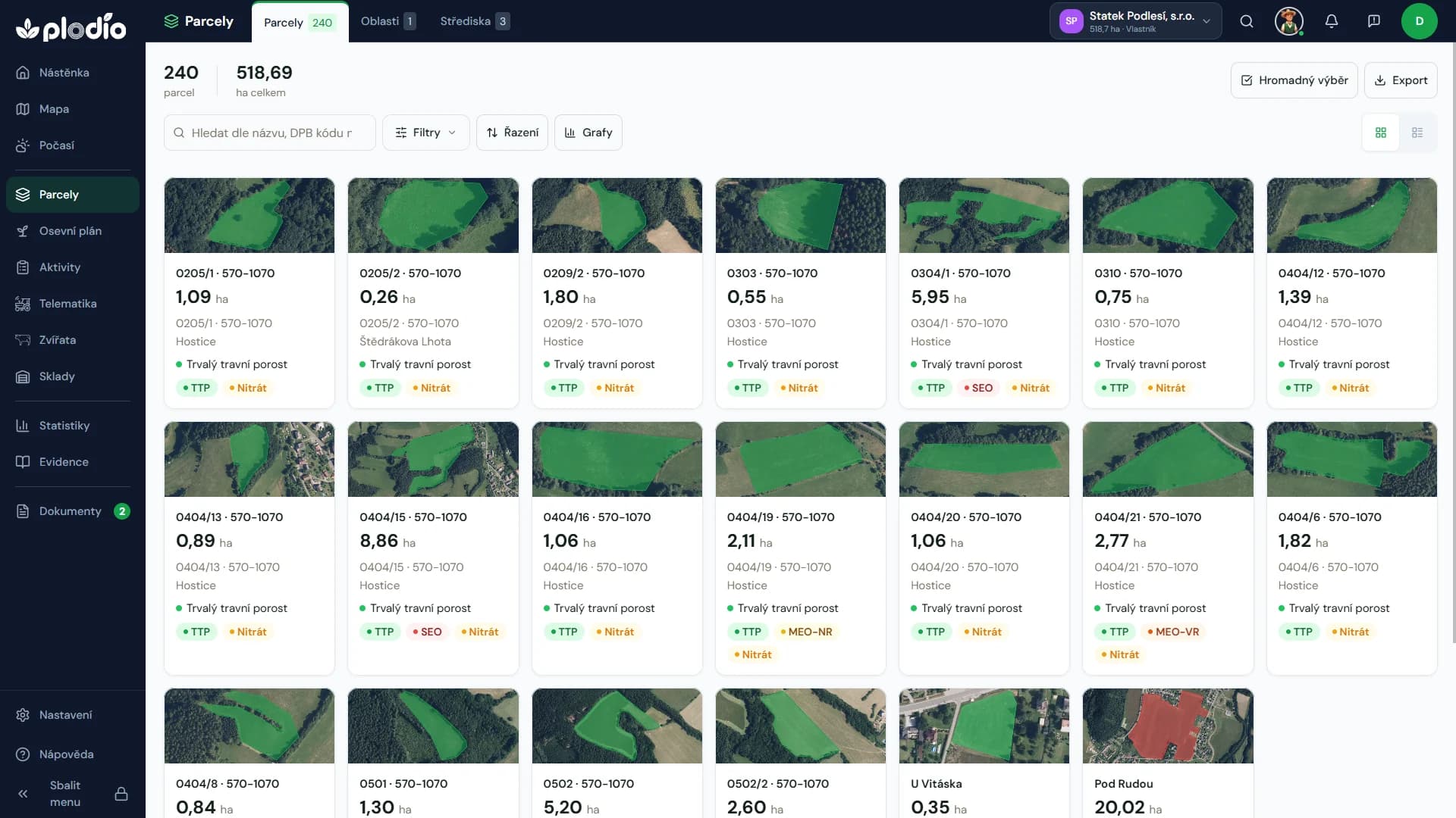 Seznam parcel — 240 parcel, 518,69 ha, u každé výměra a kultura